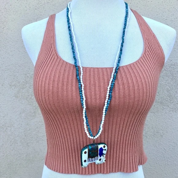 ELEPHANT beaded necklace vintage india pendant ceramic enamel white blue pottery - Picture 7 of 7